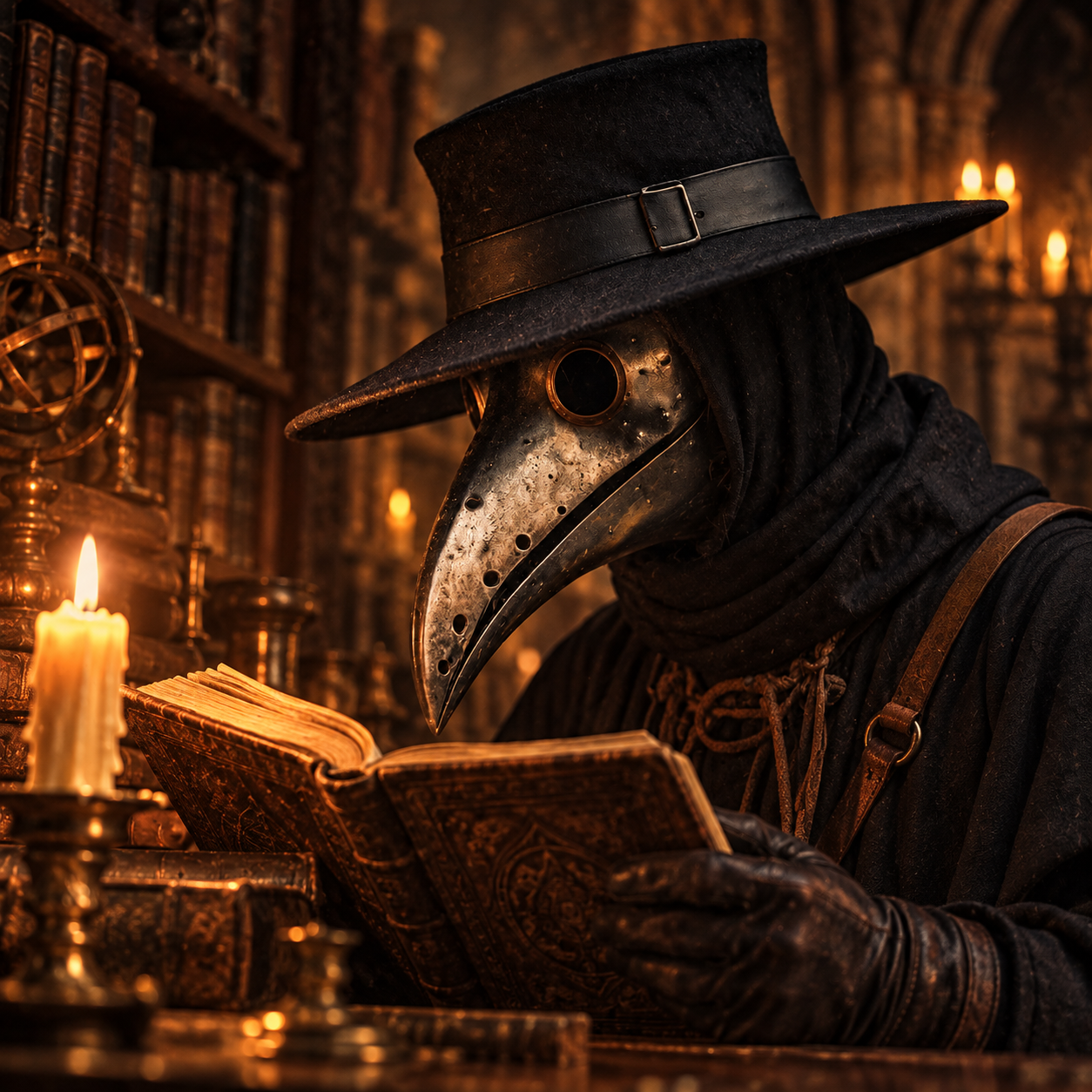 Doctor Chum reading in a candlelit library