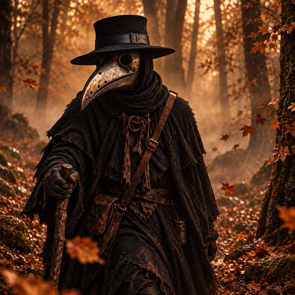 Doctor Chum walking through an autumn forest