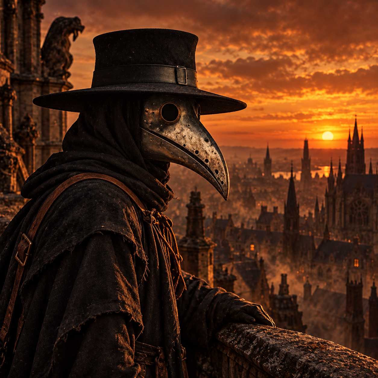 Doctor Chum overlooking a gothic city at sunset
