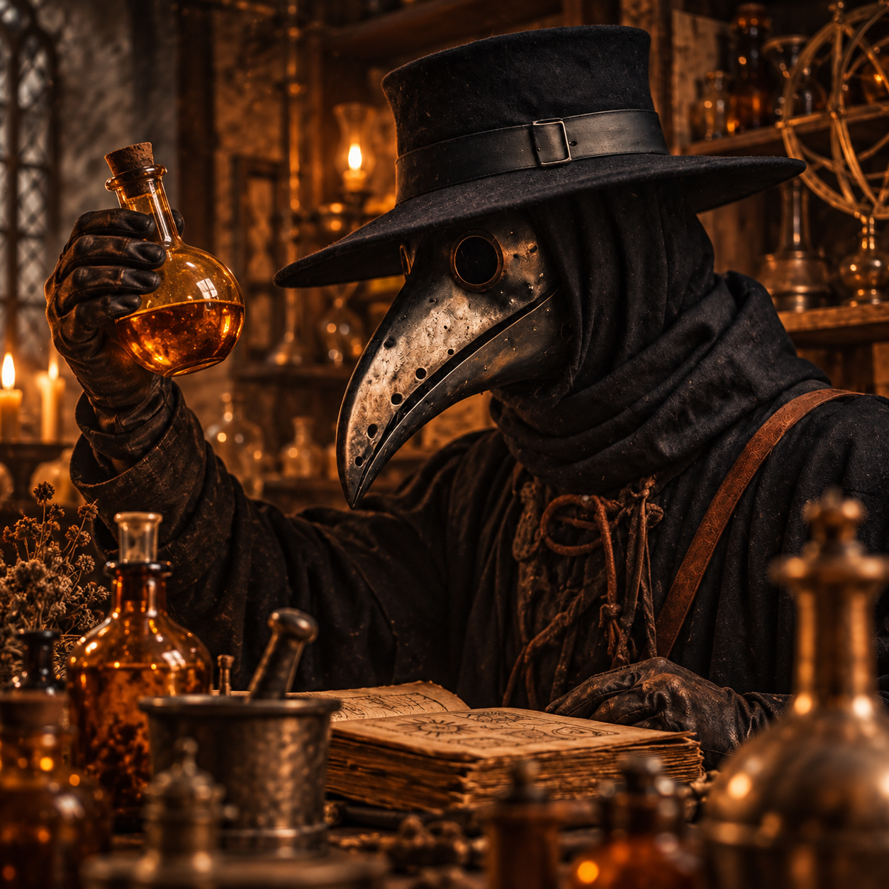Doctor Chum inspecting an amber flask